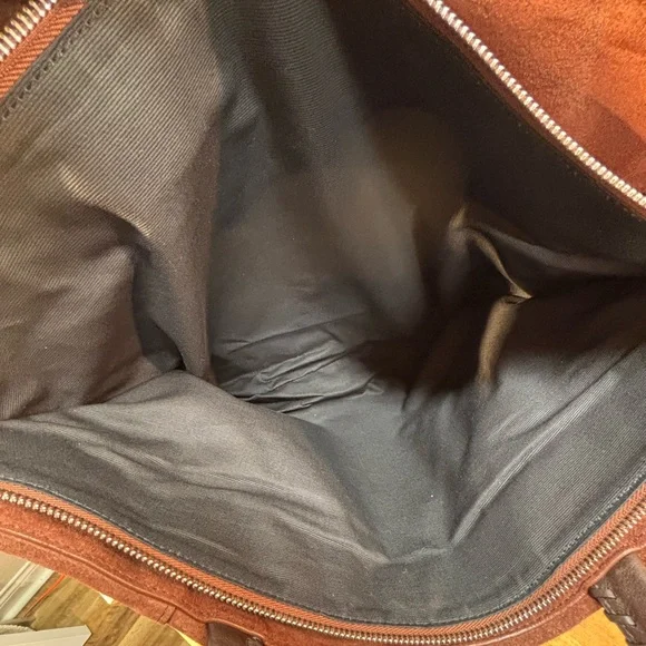 AllSaints Mori Suede Leather Tote Bag Brown Braided Handle Whipstitch - Picture 10 of 14